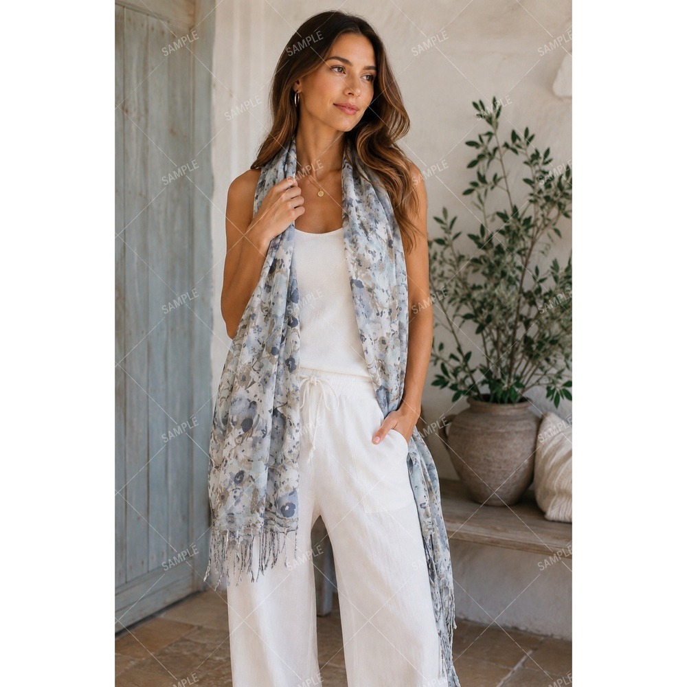 Boho Floral Tassel Scarf Wrap Shawl Blue Gray Beige One Size Viscose India